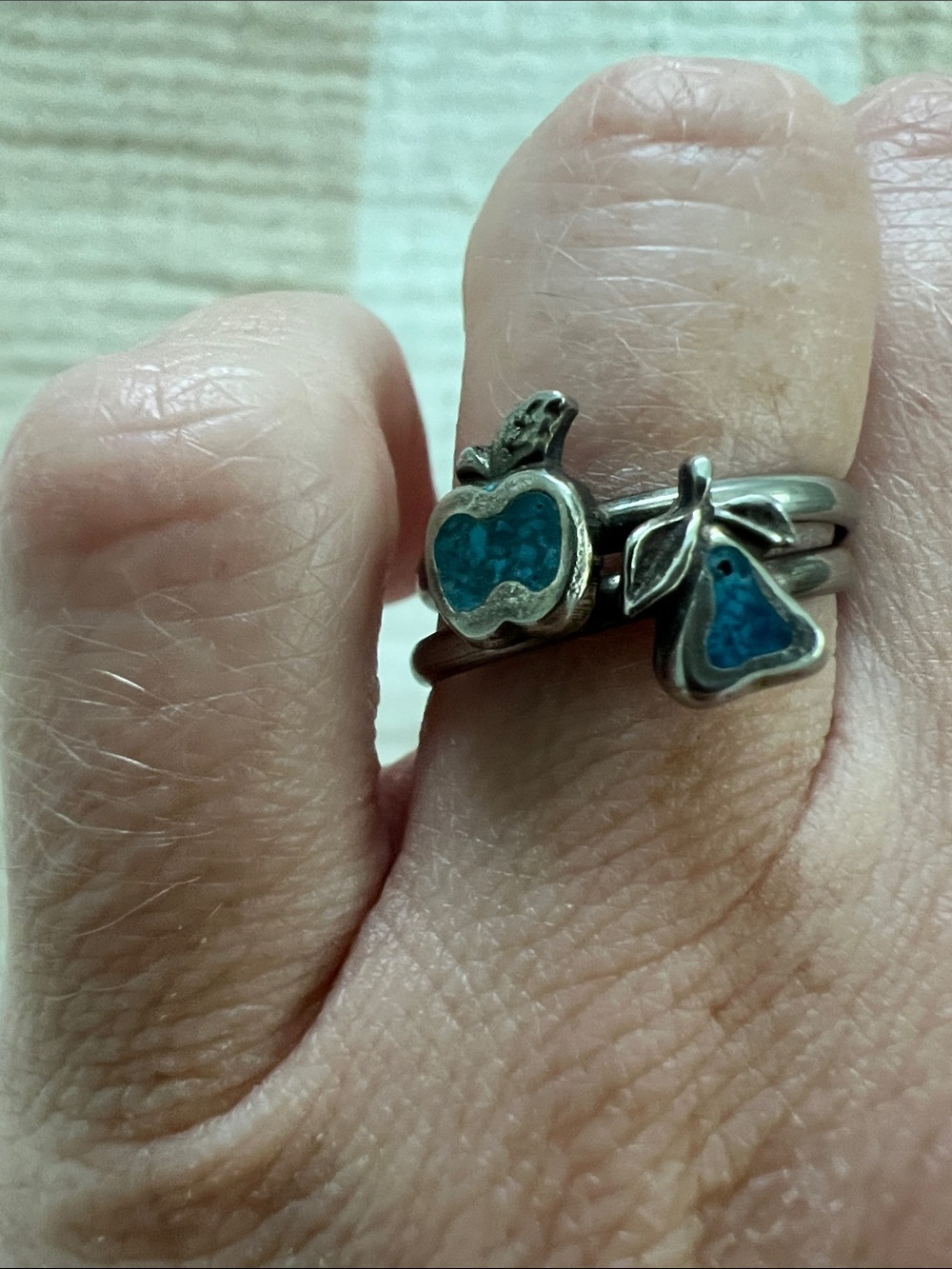 Sterling Silver Stackable Apple & Pear Rings with Turquoise Inlay set - Picture 4 of 6